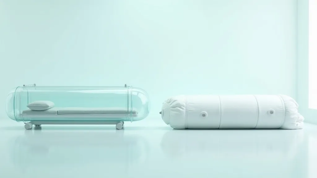 Hard-shell acrylic hyperbaric chamber beside a soft-sided inflatable chamber, illustrating the two equipment categories
