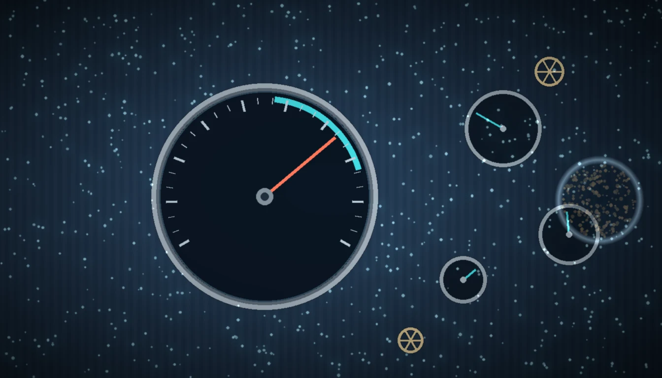 Stylised illustration of a hyperbaric chamber control console: a large circular pressure gauge with a red needle against a teal therapeutic-range arc, a bank of smaller dials, brass valve handles and a condensation-flecked porthole, lit in cool teal with amber accents