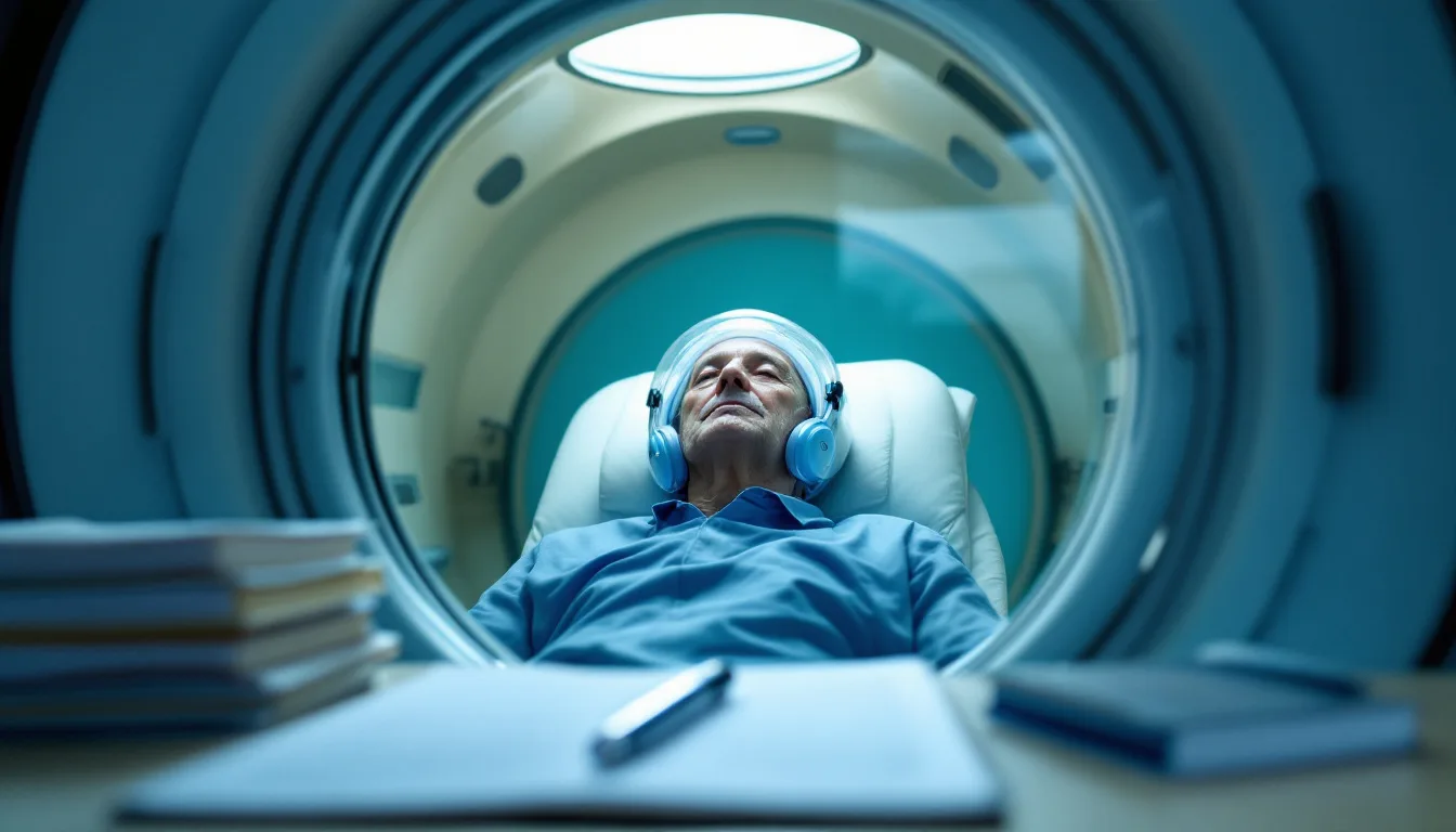 Wide view through the acrylic wall of a hyperbaric chamber: an older patient reclining with a transparent oxygen hood, while a blurred desk with neuropsychological test booklets sits outside the chamber