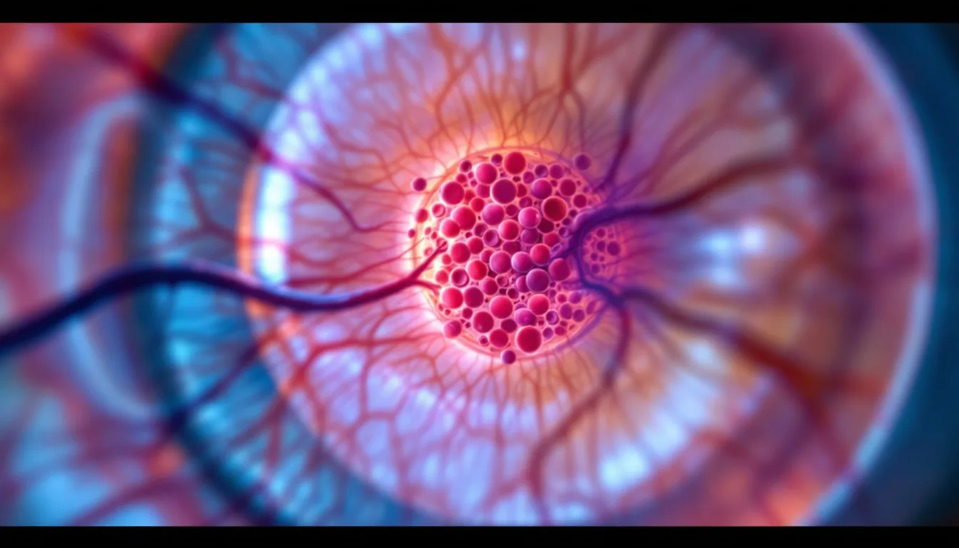 Microscopic view of retinal artery occlusion showing blocked blood vessel and surrounding retinal tissue with oxygen diffusion patterns
