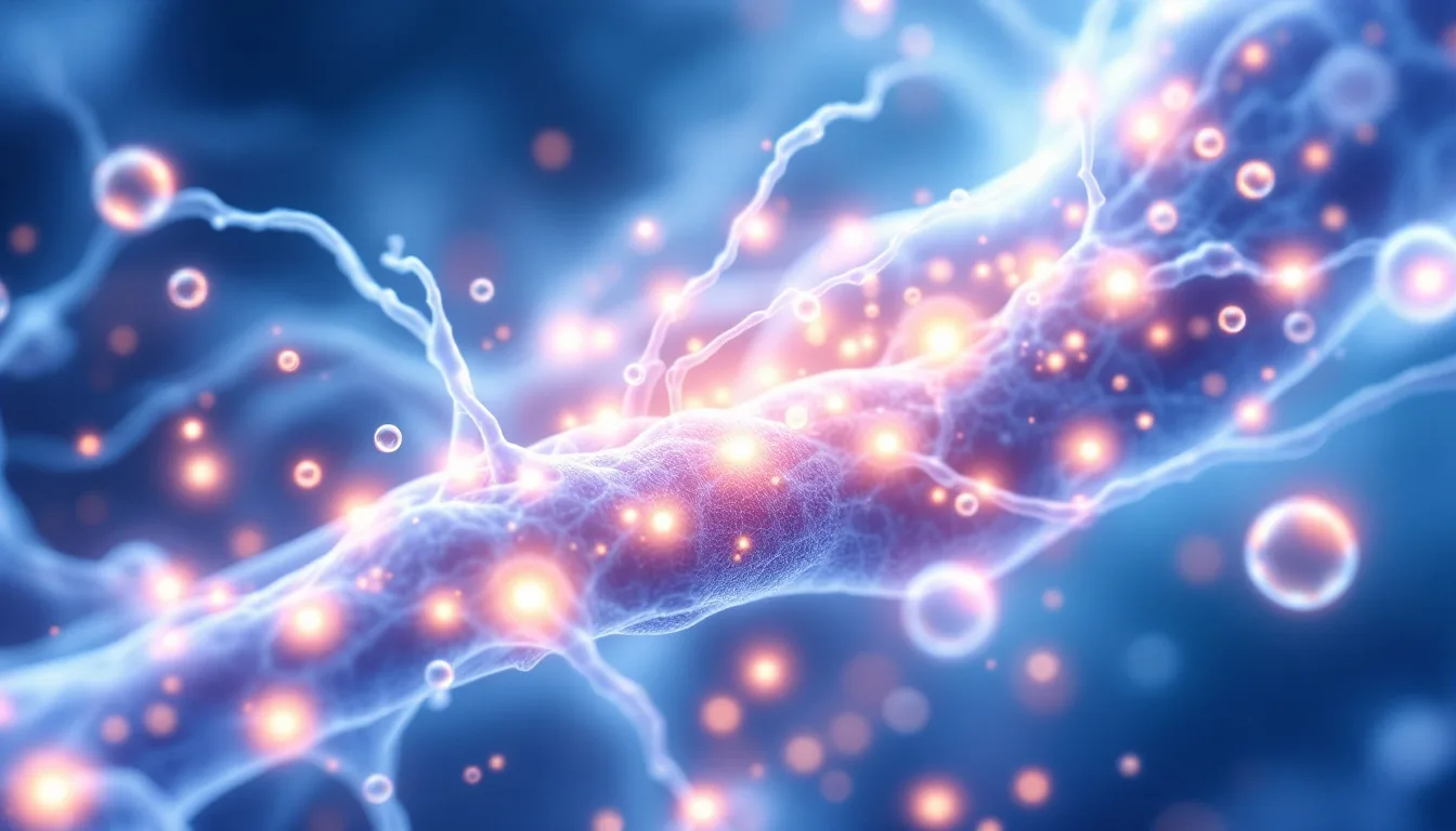 Abstract visualization of nerve fibers and pain signals with oxygen molecules flowing through, representing HBOT's potential effect on chronic pain pathways