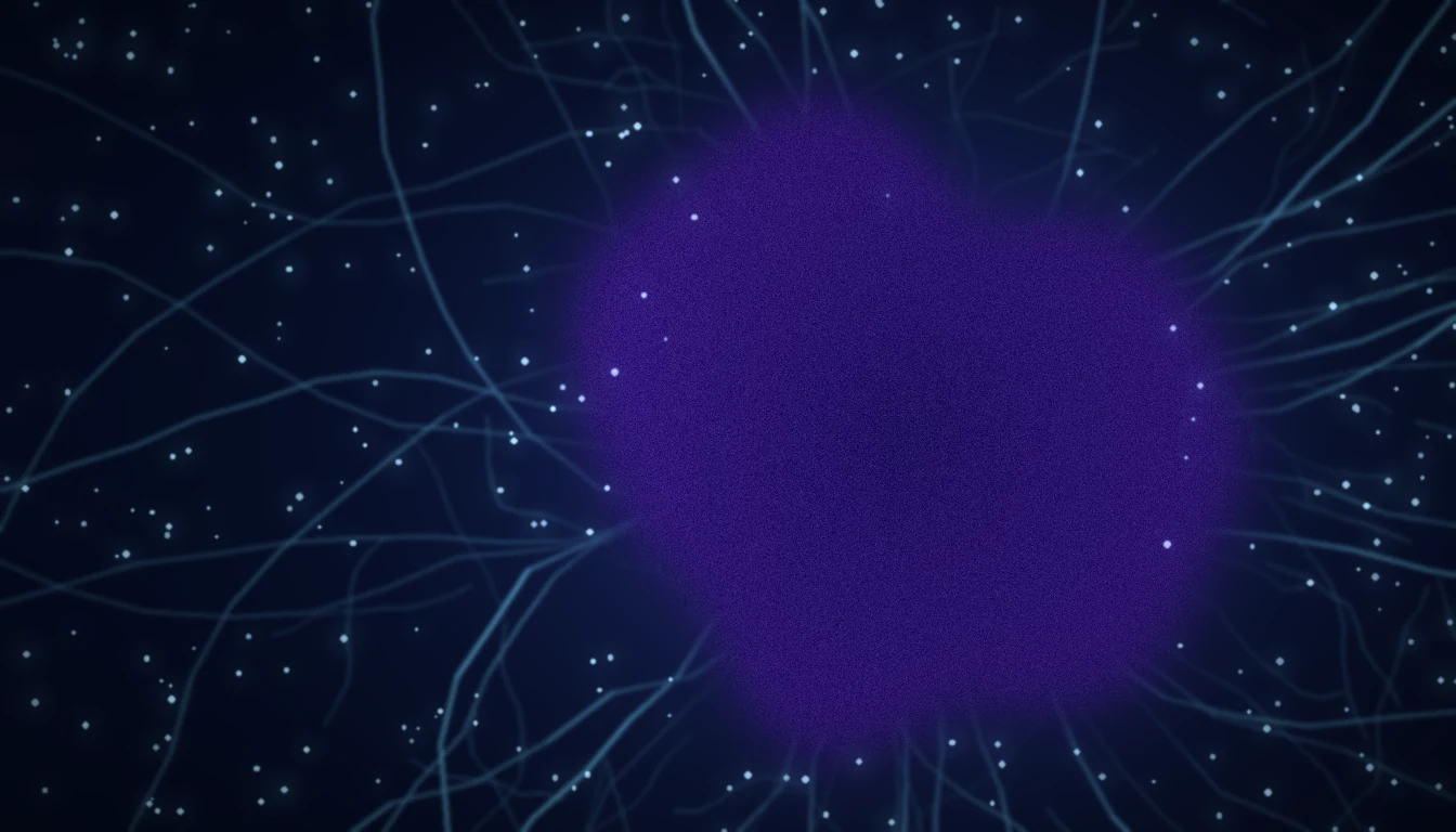 Stylised editorial illustration of a branching capillary network glowing teal and cyan against deep navy, with small oxygen molecules diffusing inward toward a darkened central region