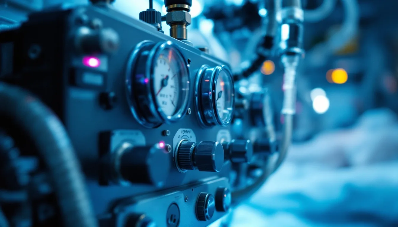 Close-up of a hyperbaric-compatible mechanical ventilator with analog pressure gauges and oxygen lines inside a clinical hyperbaric chamber