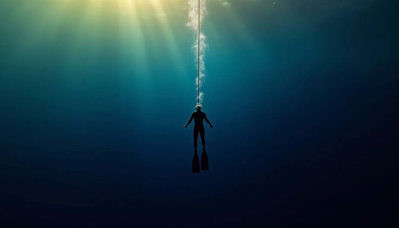Wide underwater view of a freediver descending head-first along a single vertical guide rope into deep blue water, warm surface light fading above and a thin trail of bubbles rising from the mask