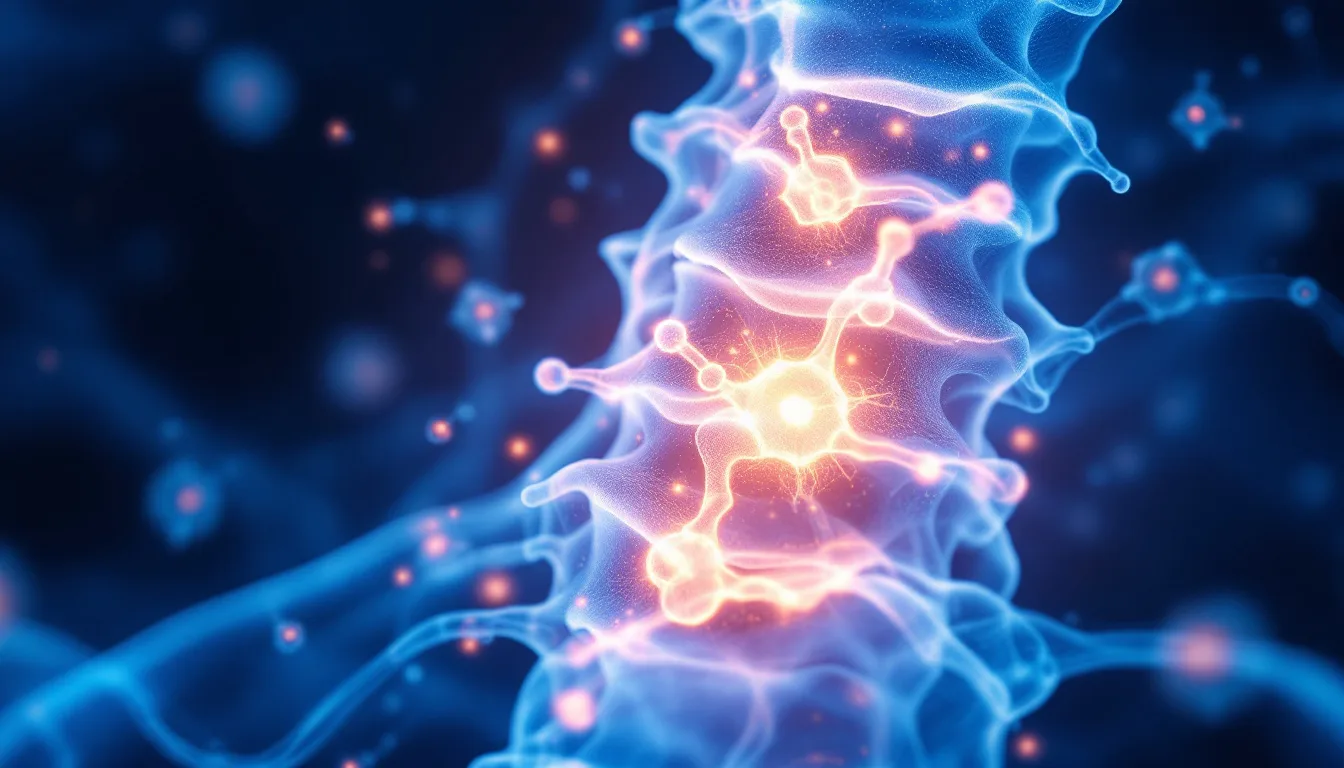 Medical illustration of spinal cord cross-section with oxygen molecules diffusing into neural tissue