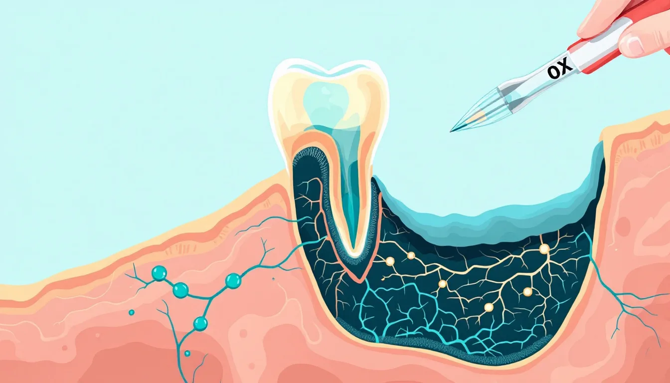 Stylised editorial cutaway of a human mandible in cross-section, a darkened avascular segment beside a tooth root while fine teal oxygen molecules diffuse inward from surrounding capillaries