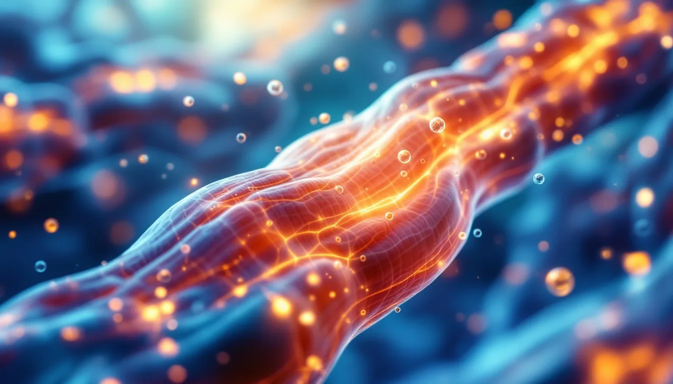Microscopic view of skeletal muscle fibers with oxygen molecules diffusing through capillary networks, showing cellular repair mechanisms in action