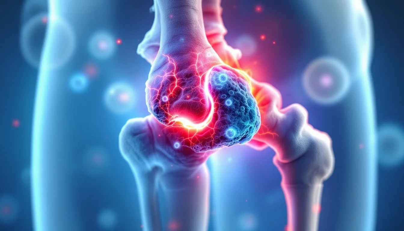 Cross-sectional medical illustration of a human hip joint showing osteonecrotic bone tissue in the femoral head, with oxygen molecules and capillary networks overlaying the affected area