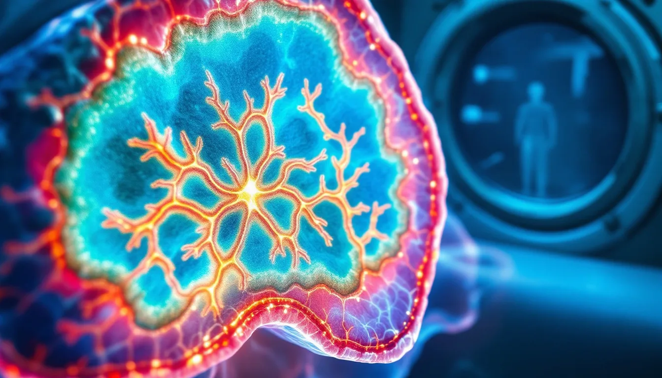 Abstract cross-section of tissue rendered as a colour-mapped perfusion grid in cyan and indigo, with a hyperbaric chamber porthole receding behind it