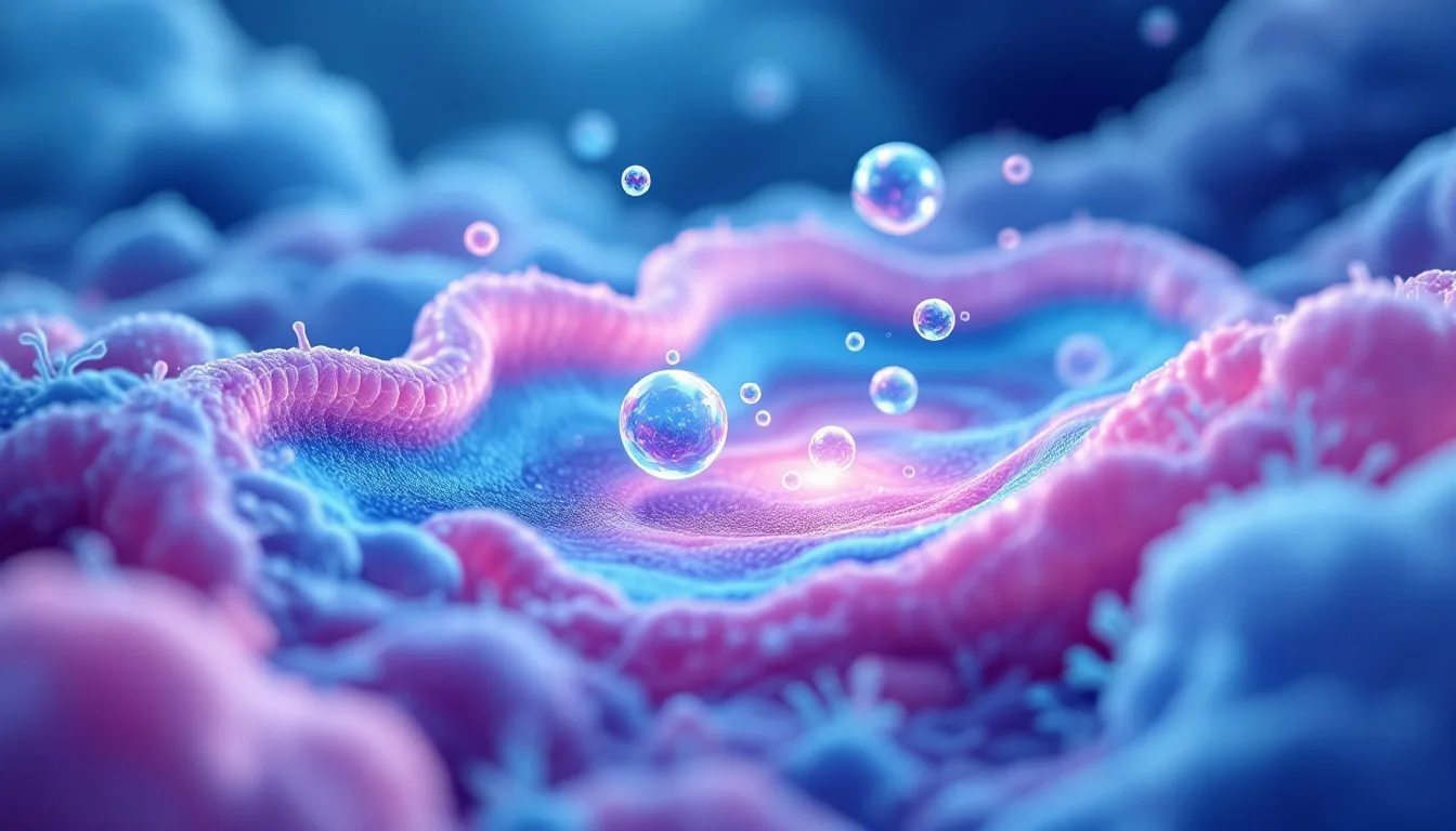 Microscopic view of intestinal tissue with oxygen molecules penetrating inflamed cells, representing HBOT's potential mechanism in colitis treatment