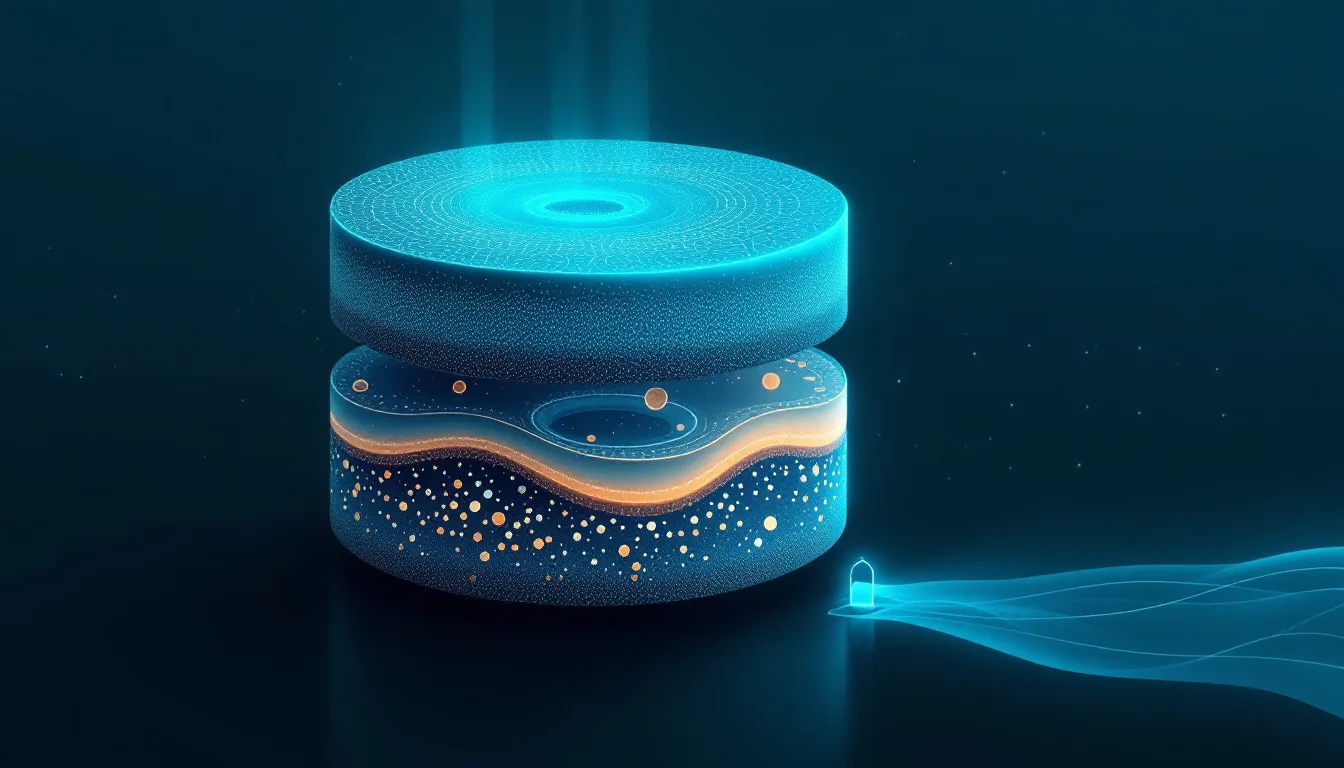 Stylised editorial diagram of three stacked strata — a stalled capillary mesh, a cutaway mitochondrion and drifting signalling molecules — in cool teal and amber, with a small outlined hyperbaric chamber at the lower right