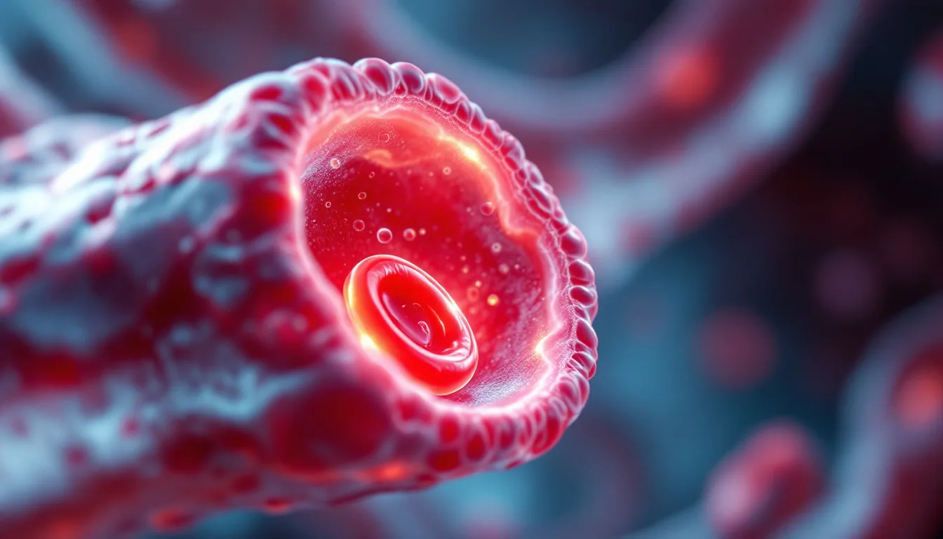 Macro medical illustration of crescent-shaped sickled red blood cells crowding a narrowed capillary while oxygen molecules diffuse outward into pale tissue