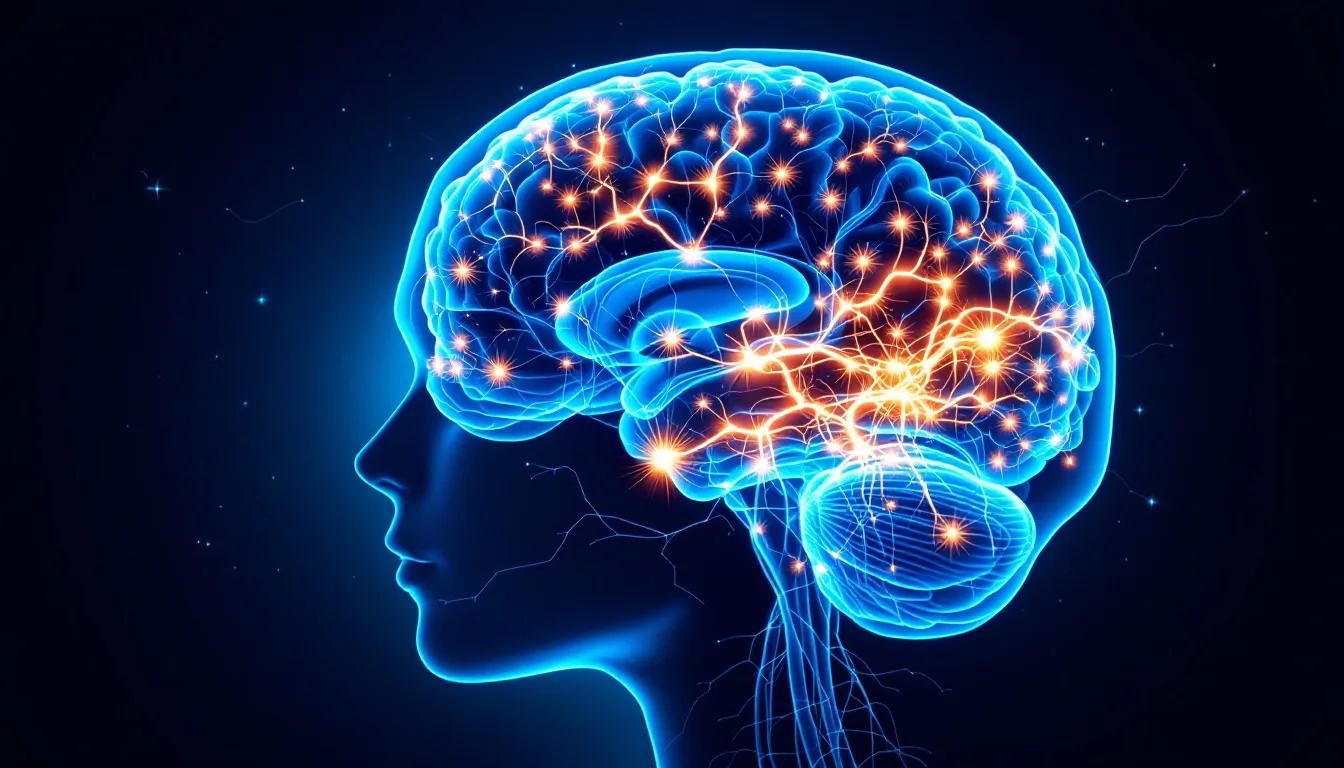 Medical illustration showing neural pathways in the brain with oxygen flow visualization, highlighting regions affected by traumatic injury