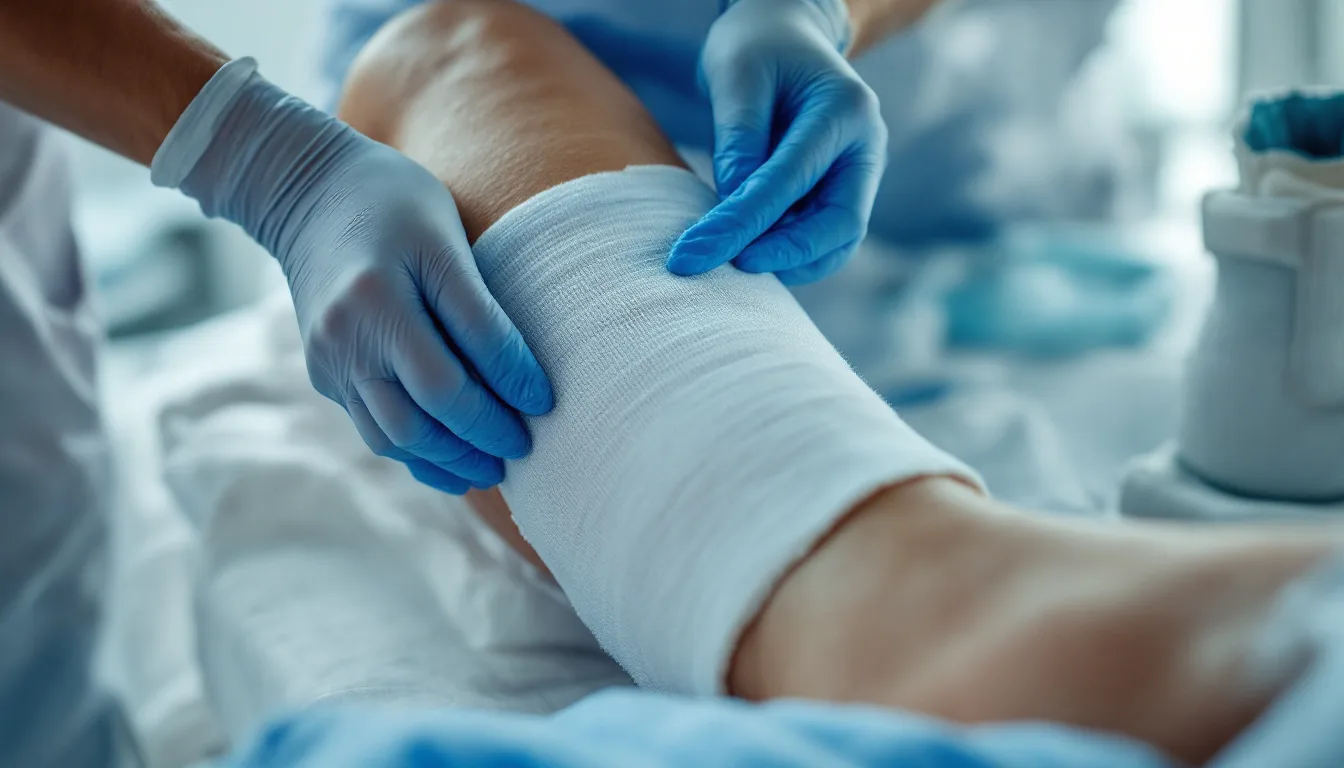 Close-up of gloved hands wrapping a multilayer compression bandage around a patient's lower leg, with a debridement instrument tray and offloading boot blurred in the background
